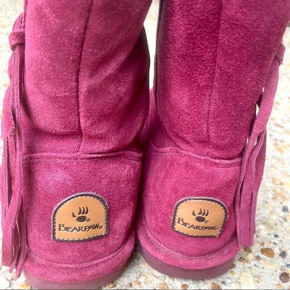 Bearpaw Arya Burgundy Suede Wool Fringe Boots 6 - Picture 5 of 8